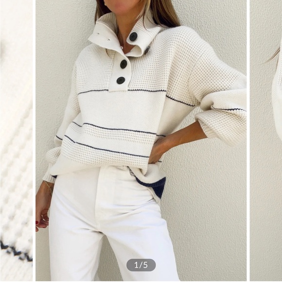 Commense Sweaters - Commense Ivory Cowl Neck Sweater with Navy Stripe